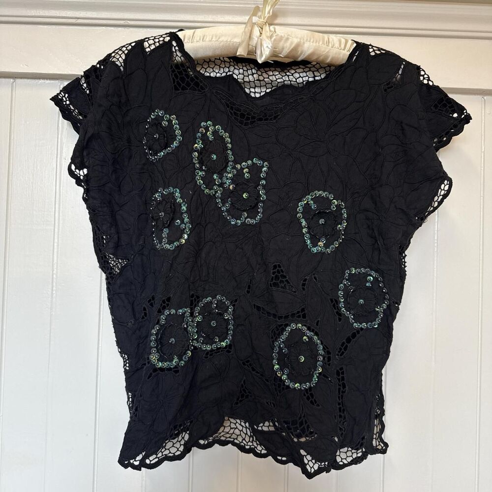 Vintage Handmade Black Lace Sequin Top - Whimsigoth